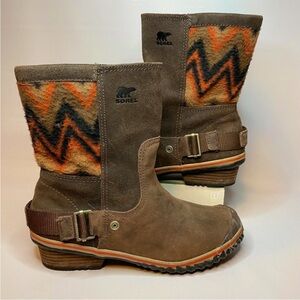 Sorel woman’s SlimShortie brown leather saddle blanket boots size 7.5